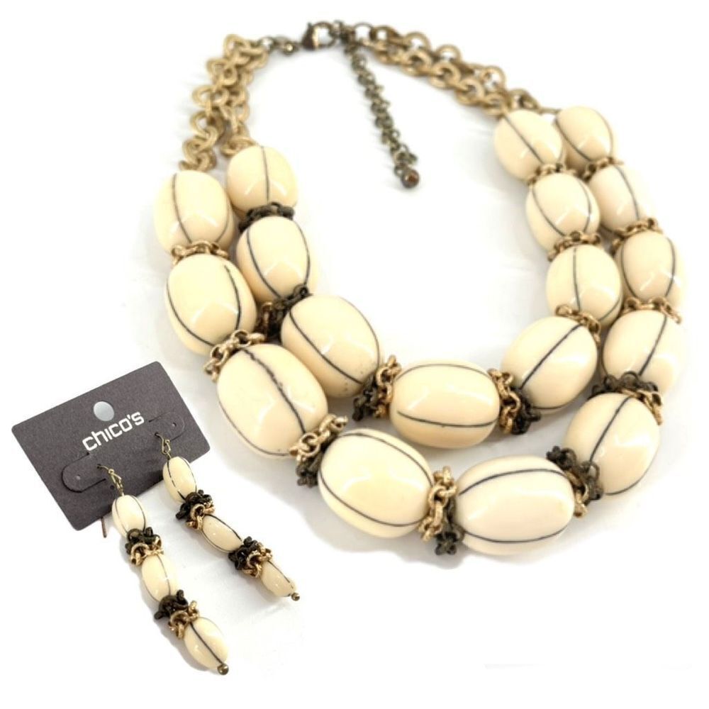 NWT Chico’s Layered Beaded Necklace Statement Chunky & Drop Earrings cream & gol